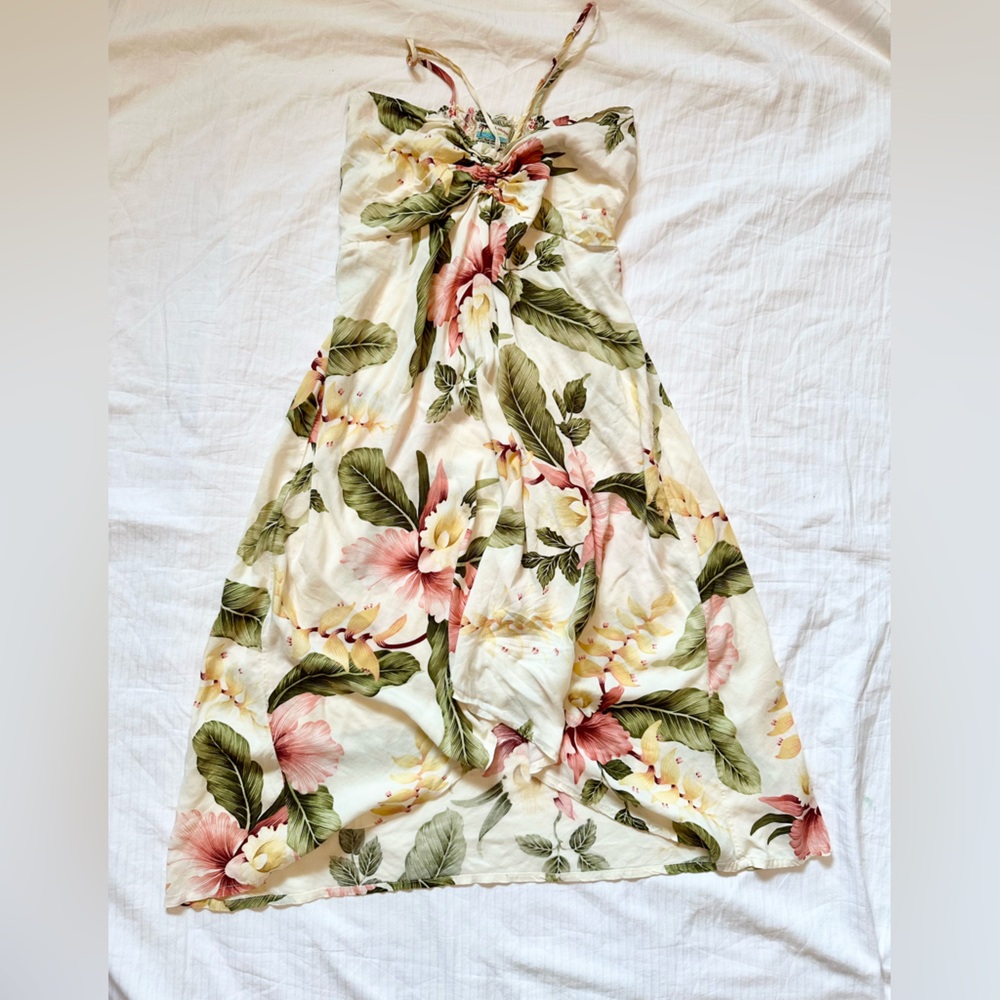 Floral Halter Dress with Pink Flowers and Green Leaves